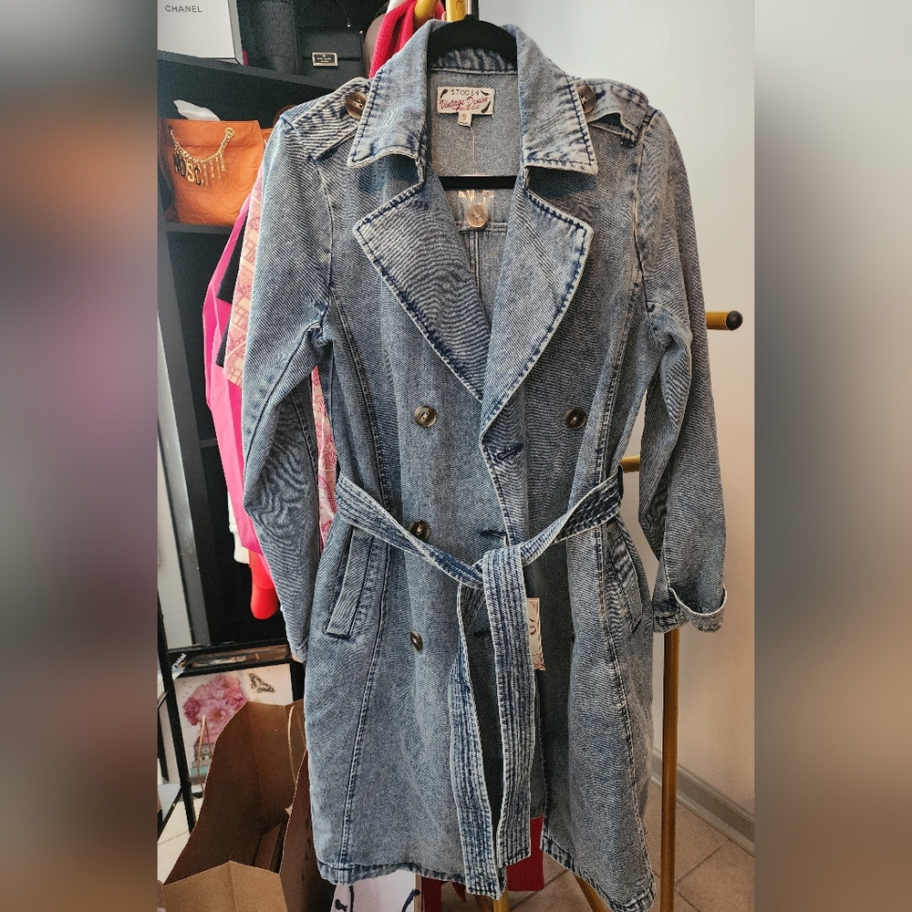 Vintage-Inspired Denim Trench Coat - Light Blue